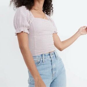 Madewell Blush Gingham Puff Sleeve Top XXS Smocked Cottagecore Blouse